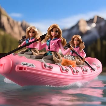 Three blond Barbies enjoy a thrilling rafting trip on a boat, navigating through the river's rapids and having an exciting adventure together.