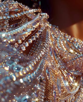 A terrestrial plant inspired necklace adorned with electric blue rhinestones, a stunning fashion accessory for any event. Closeup macro photography highlights the intricate pattern and metal details