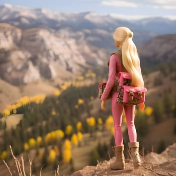 Cute blonde Barbie wearing a pink outfit, carrying pink bags, stands against a blurred mountains background, showing her stylish back view.