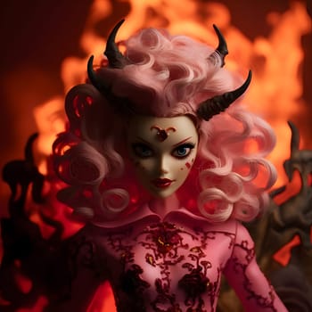 Barbie embraces a dark style, adorned with horns, standing confidently against the backdrop of a blazing fire, radiating an aura of fierce determination.