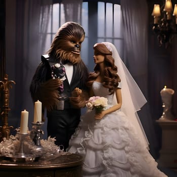 Elegant Barbie in a white gown embraced by a majestic, shaggy beast. A whimsical tale comes to life!