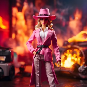 Cute blonde Barbie looks vibrant in her pink outfit and stylish hat, standing against a backdrop of blurred flames of fire, creating a dynamic and energetic atmosphere.