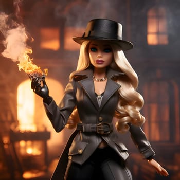 Cute blonde Barbie captivates in her black outfit and stylish black hat, standing against a backdrop of blurred flames of fire, creating a dramatic and intense atmosphere.