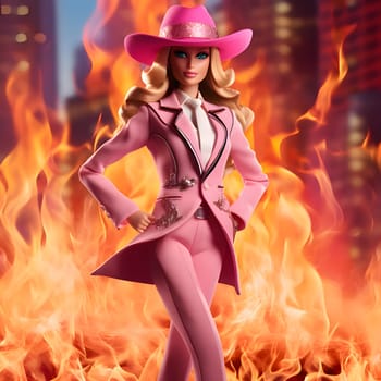 Cute blonde Barbie looks vibrant in her pink outfit and stylish hat, standing against a backdrop of blurred flames of fire, creating a dynamic and energetic atmosphere.