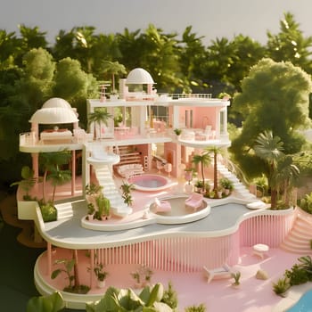 A luxurious pink mansion, designed in Barbie style, exudes elegance and charm with its vibrant colors and glamorous details.