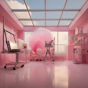 Welcome to the enchanting pink Barbie-style studio! This dreamy space boasts plush furniture, sparkling chandeliers, and a whimsical ambiance, ideal for creativity and fun.