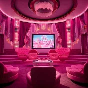 Welcome to the Barbie-style pink cinema room! This enchanting space features cozy pink seats, a large screen, and glamorous decor, perfect for enjoying movies in style.