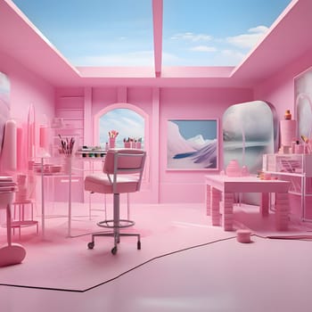 Welcome to the enchanting pink Barbie-style studio! This dreamy space boasts plush furniture, sparkling chandeliers, and a whimsical ambiance, ideal for creativity and fun.