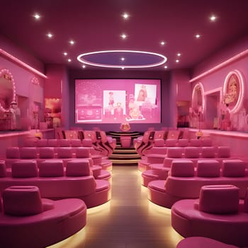 Welcome to the Barbie-style pink cinema room! This enchanting space features cozy pink seats, a large screen, and glamorous decor, perfect for enjoying movies in style.