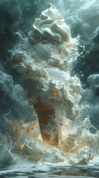 A cumulus cloud resembling an ice cream cone filled with whipped cream is floating in the sky, creating a whimsical geological phenomenon