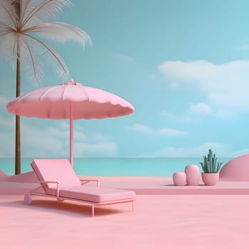 Relax in ultimate Barbie style with a pink lounger, colorful umbrella, and swaying palm trees on the beach. Embrace the sunny vibes and enjoy the day!