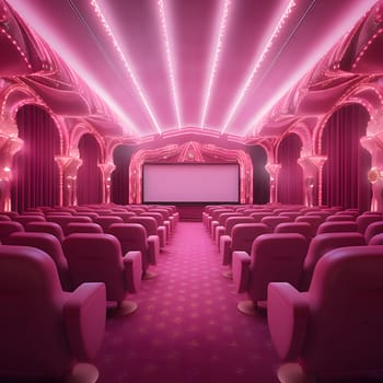 Welcome to the Barbie-style pink cinema room! This enchanting space features cozy pink seats, a large screen, and glamorous decor, perfect for enjoying movies in style.