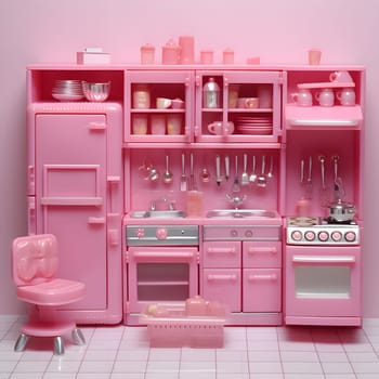 A delightful pink Barbie-style toy kitchen, equipped with miniature appliances and utensils, perfect for imaginative play and culinary fun.