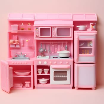 A delightful pink Barbie-style toy kitchen, equipped with miniature appliances and utensils, perfect for imaginative play and culinary fun.