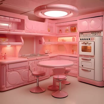 A delightful pink Barbie-style toy kitchen, equipped with miniature appliances and utensils, perfect for imaginative play and culinary fun.