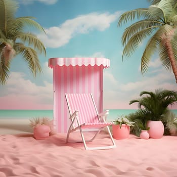 Relax in ultimate Barbie style with a pink lounger, colorful umbrella, and swaying palm trees on the beach. Embrace the sunny vibes and enjoy the day!