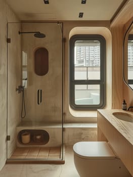 A bathroom with a wooden floor and a shower stall. The shower stall has a black stone and a vase with flowers