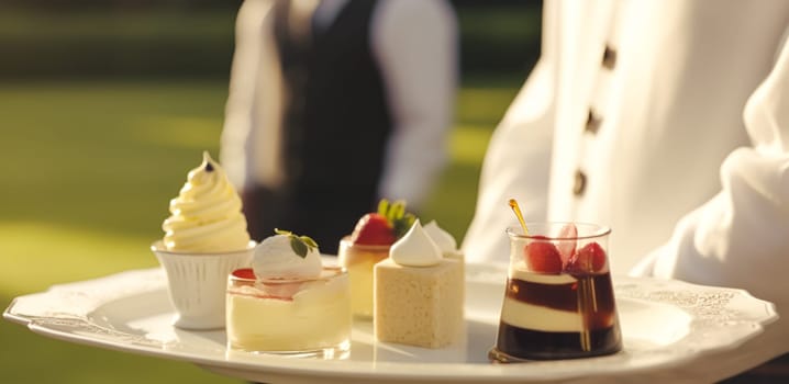 Luxury food service, desserts by a waiter at a wedding celebration or formal event in classic English style at luxurious hotel or country estate, post-processed, generative ai