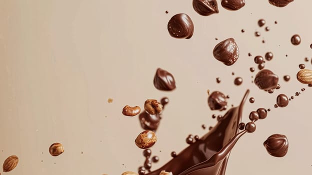 Nuts and chocolate splash, food dessert and confectionery industry