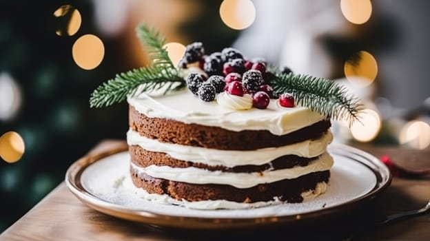 Christmas cake, holiday recipe and home baking, pudding with creamy icing for cosy winter holidays tea in the English country cottage, homemade food and cooking inspiration