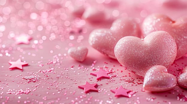 A pink background with glittery hearts and stars.