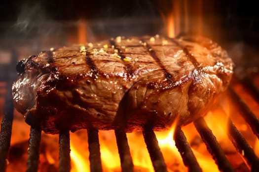 Meat beef steak grilled on fire, food bbq and hot grill, post-processed, generative ai