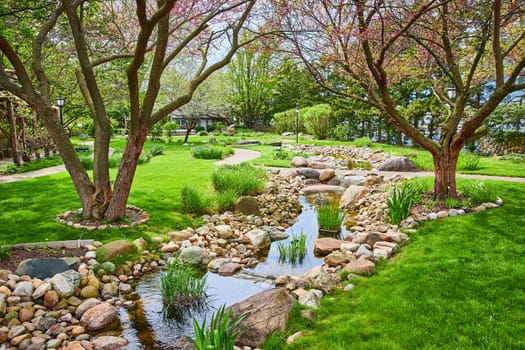 Springtime serenity in Warsaw Biblical Gardens with blossoming trees, winding stream, and lush greenery.