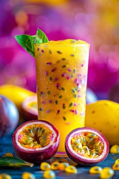 A glass of juice with a slice of pineapple and a sprig of mint on top. The juice is poured into a glass and has a splash of water on the side