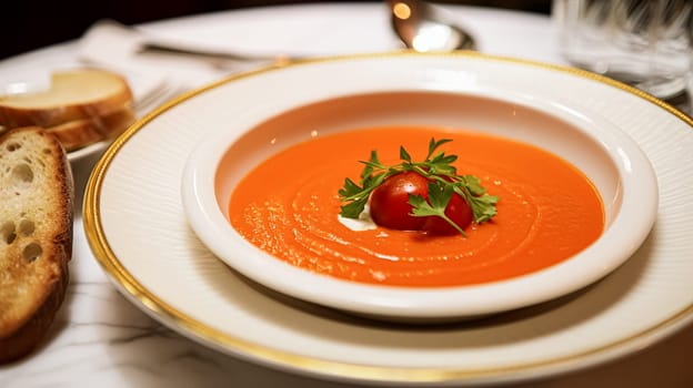 Tomato cream soup in a restaurant, English countryside exquisite cuisine menu, culinary art food and fine dining experience