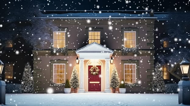 Christmas in the countryside manor, English country house mansion decorated for holidays on a snowy winter evening with snow and holiday lights, Merry Christmas and Happy Holidays design