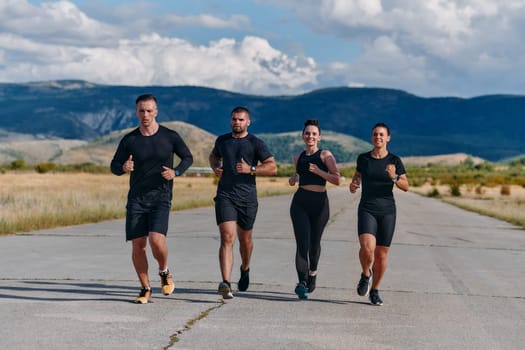 A professional athletic team as they train rigorously, running towards peak performance in preparation for an upcoming marathon.