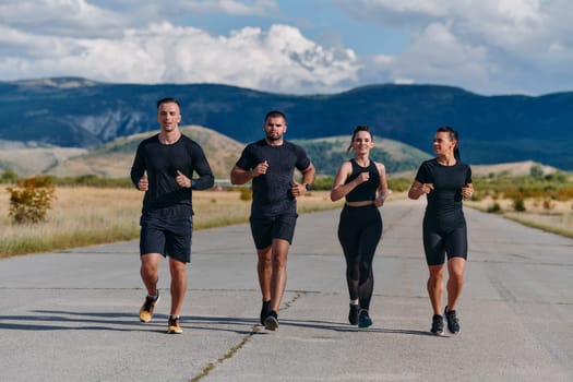 A professional athletic team as they train rigorously, running towards peak performance in preparation for an upcoming marathon.