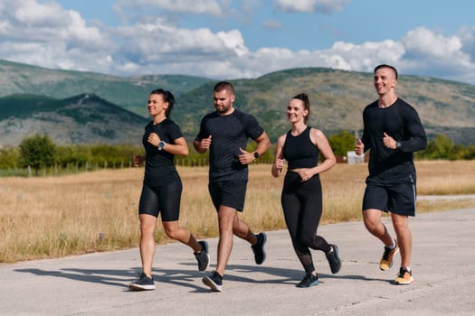 A professional athletic team as they train rigorously, running towards peak performance in preparation for an upcoming marathon.