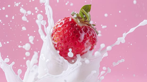 Strawberries falling into cream, milk or yoghurt on pink background, strawberry dessert