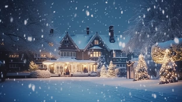 Christmas in the countryside manor, English country house mansion decorated for holidays on a snowy winter evening with snow and holiday lights, Merry Christmas and Happy Holidays design