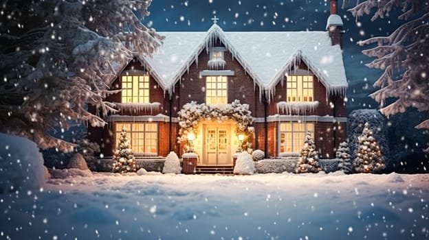 Christmas in the countryside manor, English country house mansion decorated for holidays on a snowy winter evening with snow and holiday lights, Merry Christmas and Happy Holidays design