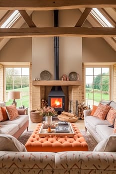 Cottage interior with modern design and antique furniture, home decor, sitting room and living room, sofa and fireplace in English country house and countryside style interiors