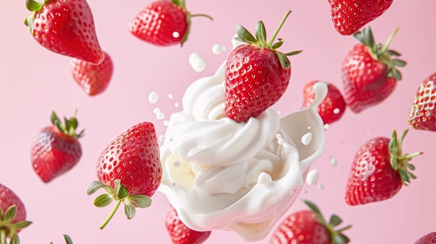 Strawberries falling into cream, milk or yoghurt on pink background, strawberry dessert