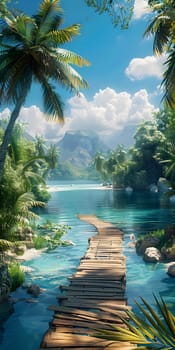 A wooden bridge crosses over the crystalclear water of a tropical lake, surrounded by lush palm trees under a cloudy sky, creating a stunning natural landscape