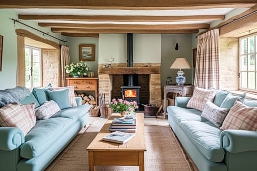 Cottage interior with modern design and antique furniture, home decor, sitting room and living room, sofa and fireplace in English country house and countryside style interiors