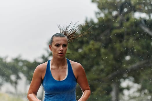 Rain or shine, a dedicated marathoner powers through her training run, her eyes set on the finish line.