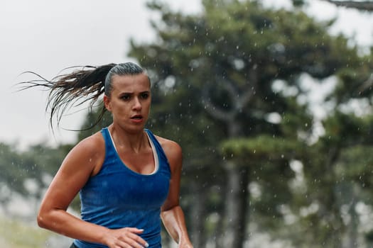 Rain or shine, a dedicated marathoner powers through her training run, her eyes set on the finish line.