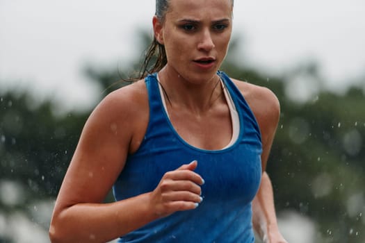 Rain or shine, a dedicated marathoner powers through her training run, her eyes set on the finish line.