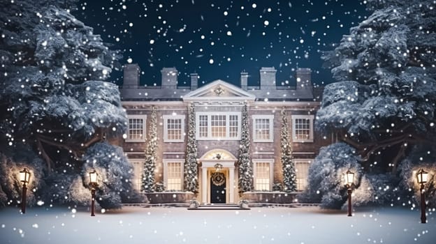 Christmas in the countryside manor, English country house mansion decorated for holidays on a snowy winter evening with snow and holiday lights, Merry Christmas and Happy Holidays design