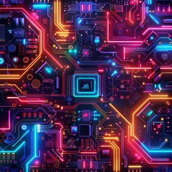 A close up of a circuit board with blue and orange lights. Concept of complexity and sophistication, as the intricate design of the circuit board suggests a high level of technical expertise