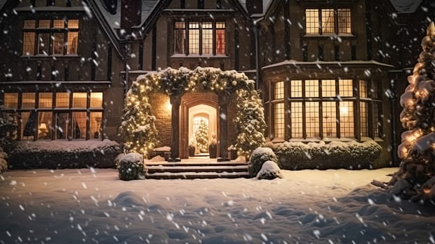 Christmas in the countryside manor, English country house mansion decorated for holidays on a snowy winter evening with snow and holiday lights, Merry Christmas and Happy Holidays design