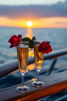 Two champagne flutes with red roses on top, one on the left and one on the right.