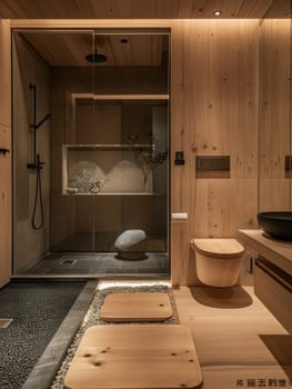 A bathroom with a wooden floor and a shower stall. The shower stall has a black stone and a vase with flowers