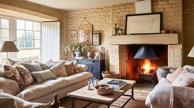 Cottage interior with modern design and antique furniture, home decor, sitting room and living room, sofa and fireplace in English country house and countryside style interiors