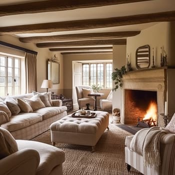 Cottage interior with modern design and antique furniture, home decor, sitting room and living room, sofa and fireplace in English country house and countryside style interiors